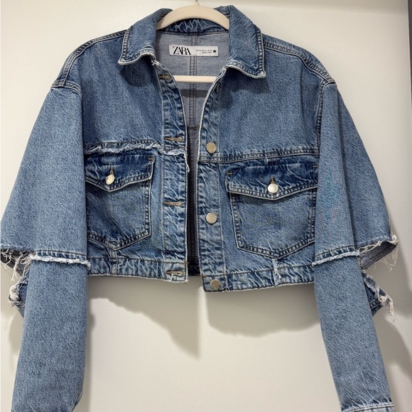 ZARA! Denim cropped oversized jacket cut out elbows XS - Picture 9 of 15